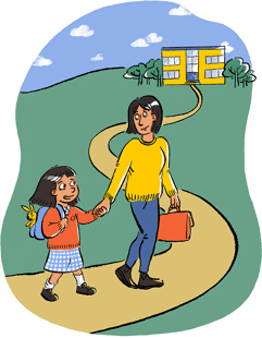 A cartoon of a person and a child holding hands on way to school