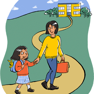A cartoon of a person and a child holding hands on way to school