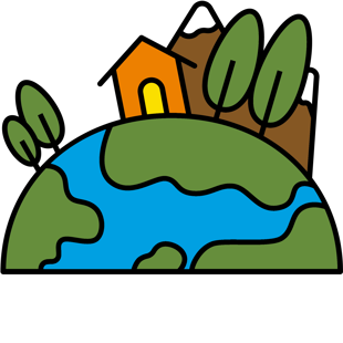 A cartoon of a house, mountains, and trees on a planet