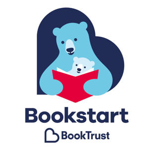 BookTrust Bookstart logo featuring two blue bears, a larger one holding a smaller one while reading a red book