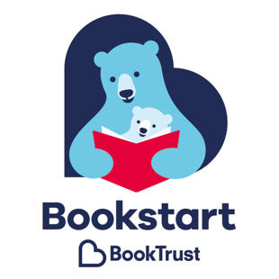 BookTrust Bookstart logo featuring two blue bears, a larger one holding a smaller one while reading a red book