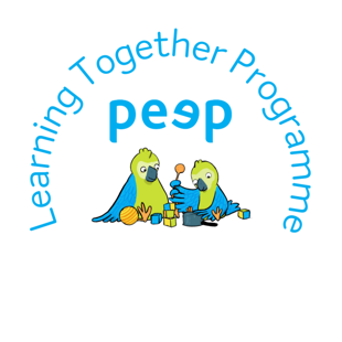 Peep logo featuring two colourful parrots playing with toys and cooking utensils
