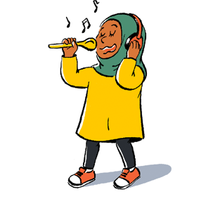 An illustration of a person holding a spoon as a microphone and wearing headphones.