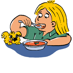 An illustration of a person eating soup from a bowl using a spoon while a small dog looks on eagerly.