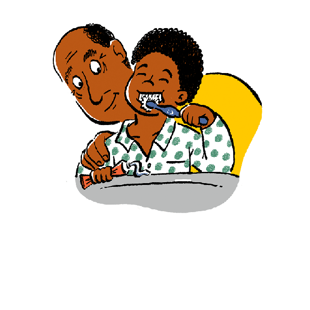 An Illustration of an adult helping a child brush teeth.