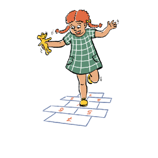 An illustration of a person playing hopscotch and holding a small mouse toy in one hand.