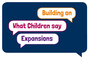 A blue rectangular speech bubble with text