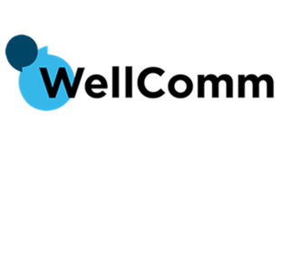 WellComm logo incorporating two overlapping speech bubbles, one dark blue and one light blue, positioned to the left of the text