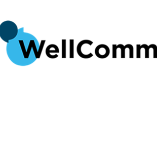 WellComm logo incorporating two overlapping speech bubbles, one dark blue and one light blue, positioned to the left of the text