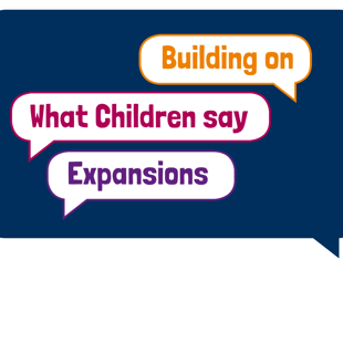 A blue rectangular speech bubble with text