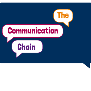 A blue rectangular speech bubble with text