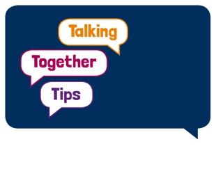A blue rectangular speech bubble with text