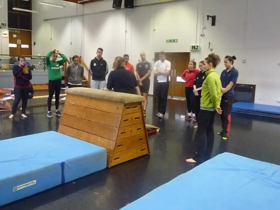 adult group standing around a gym vault
